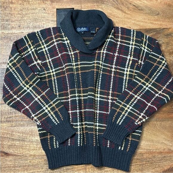 Plaid Sweater Babe Didrikson Shawl Neck 1/4 pullover Black Brown Cotton Vtg L - Picture 10 of 16